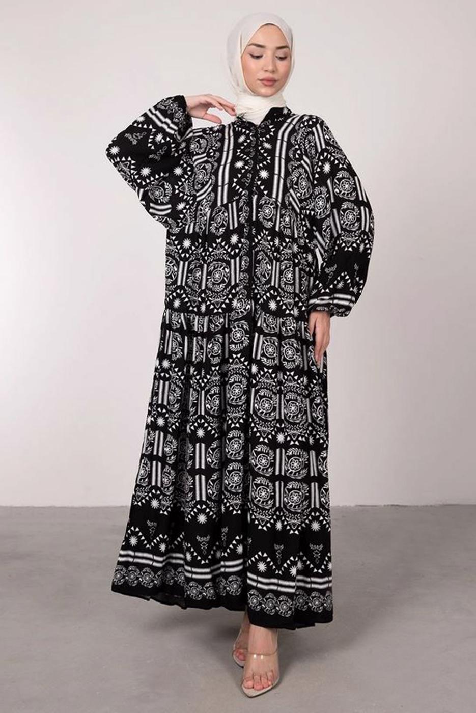 Tesettür giyim SİYAH DESENLİ BALON KOL ELBİSE T 2605