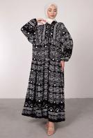 Tesettür giyim SİYAH DESENLİ BALON KOL ELBİSE T 2605