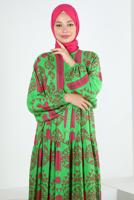 Tesettür giyim YEŞİL DESENLİ BALON KOL ELBİSE T 2605