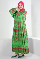 Tesettür giyim YEŞİL DESENLİ BALON KOL ELBİSE T 2605