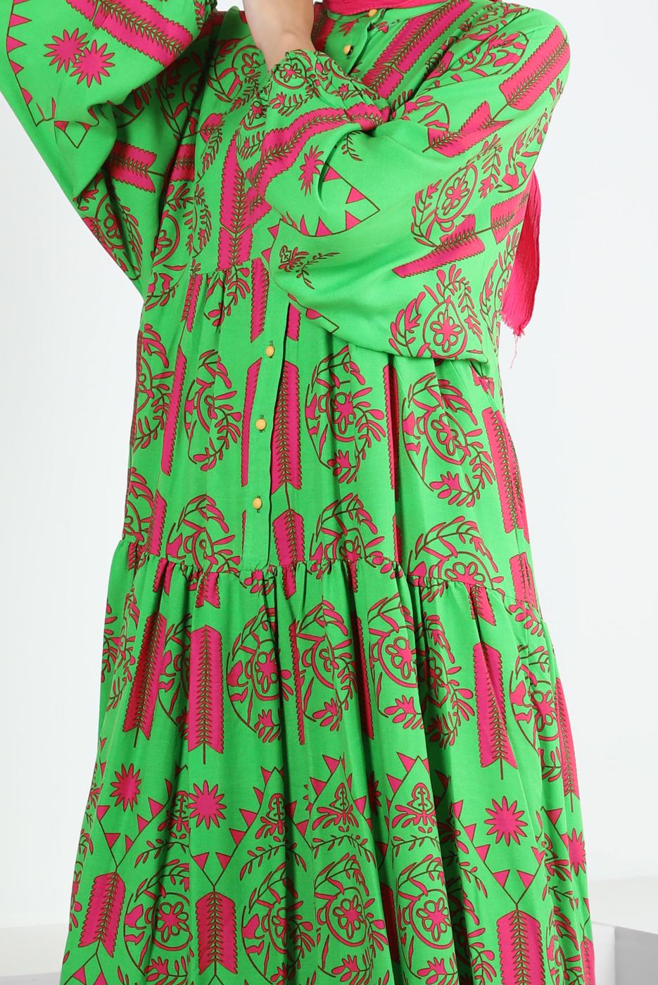 Tesettür giyim YEŞİL DESENLİ BALON KOL ELBİSE T 2605