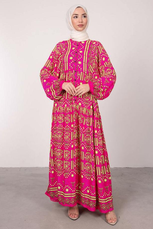 Tesettür giyim  DESENLİ BALON KOL ELBİSE T 2605 - TRENDTESETTÜR