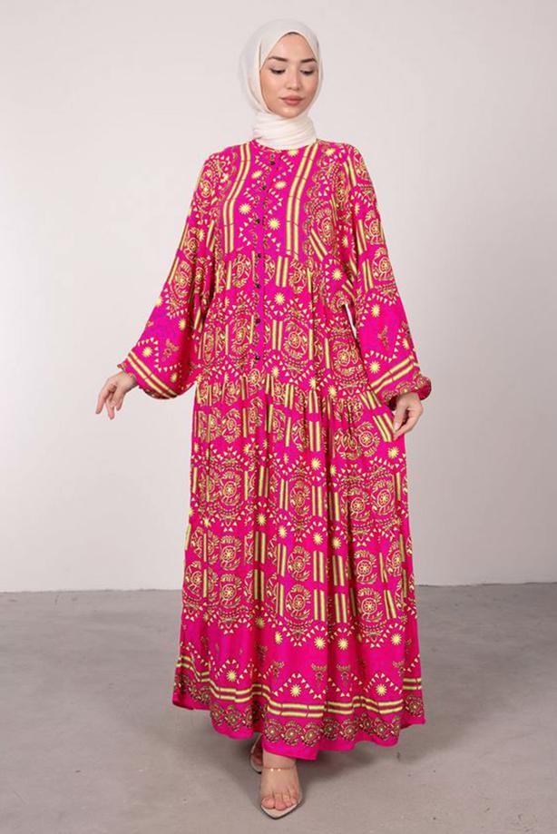 Tesettür giyim  DESENLİ BALON KOL ELBİSE T 2605 - TRENDTESETTÜR