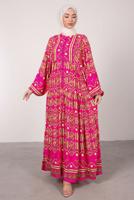 Tesettür giyim FUŞYA DESENLİ BALON KOL ELBİSE T 2605