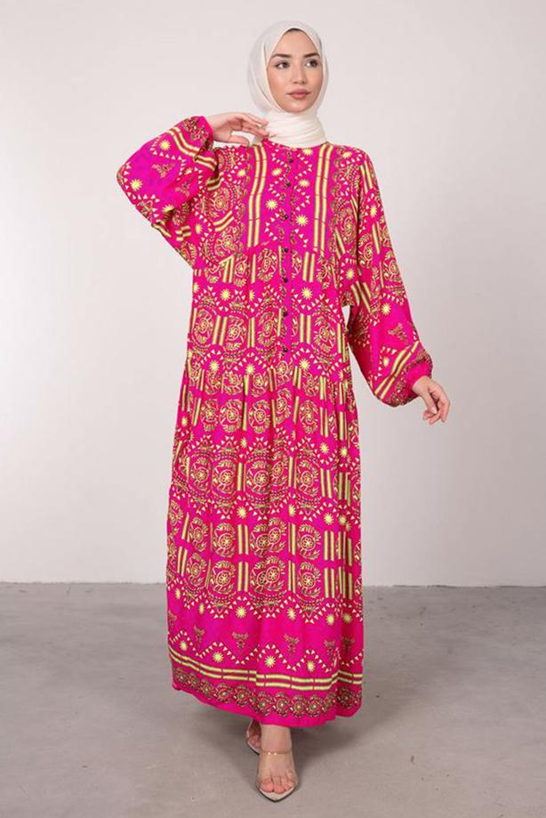 Tesettür giyim  DESENLİ BALON KOL ELBİSE T 2605 - TRENDTESETTÜR