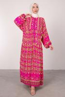 Tesettür giyim FUŞYA DESENLİ BALON KOL ELBİSE T 2605