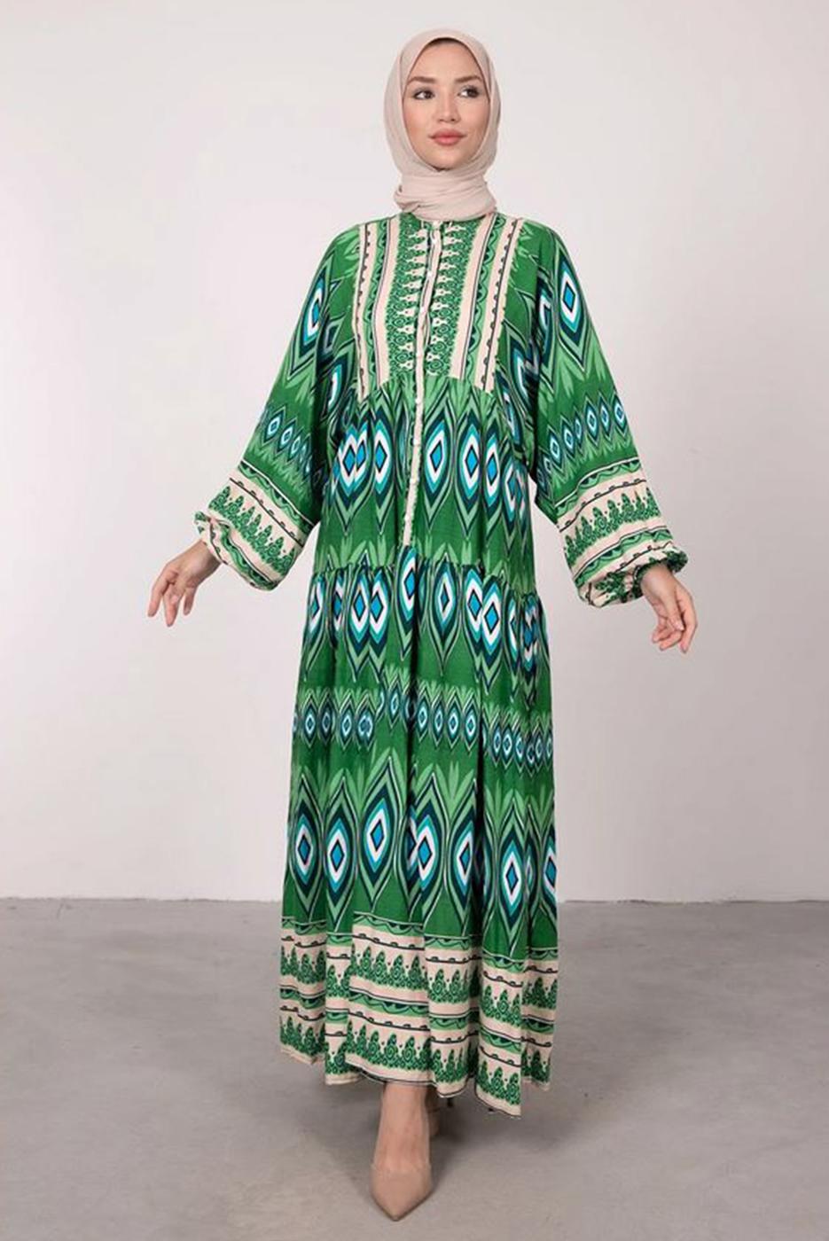 Tesettür giyim YEŞİL ETNİK DESENLİ BALON KOL ELBİSE T 2605-1
