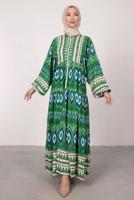 Tesettür giyim YEŞİL ETNİK DESENLİ BALON KOL ELBİSE T 2605-1