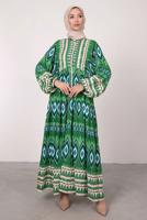 Tesettür giyim YEŞİL ETNİK DESENLİ BALON KOL ELBİSE T 2605-1