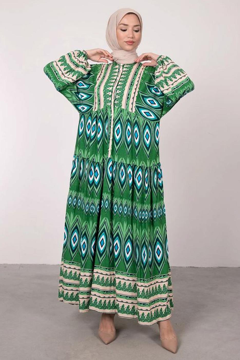 Tesettür giyim YEŞİL ETNİK DESENLİ BALON KOL ELBİSE T 2605-1