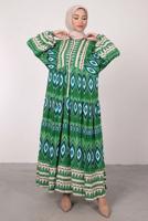 Tesettür giyim YEŞİL ETNİK DESENLİ BALON KOL ELBİSE T 2605-1