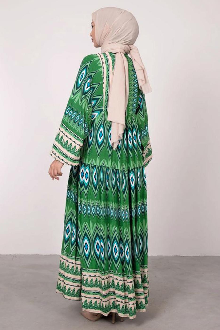 Tesettür giyim YEŞİL ETNİK DESENLİ BALON KOL ELBİSE T 2605-1