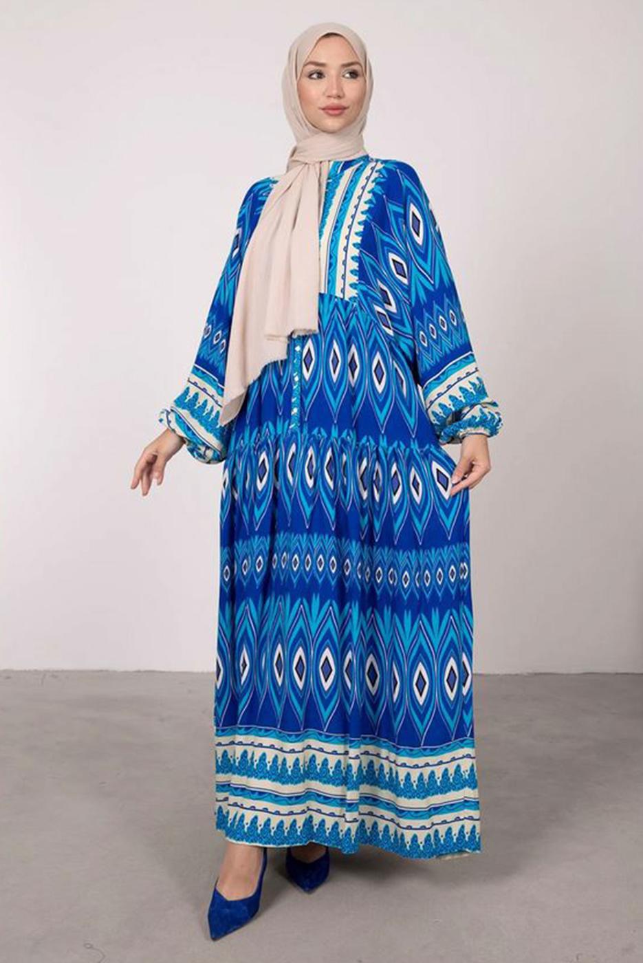 Tesettür giyim LACİVERT ETNİK DESENLİ BALON KOL ELBİSE T 2605-1