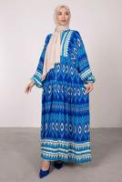 Tesettür giyim LACİVERT ETNİK DESENLİ BALON KOL ELBİSE T 2605-1