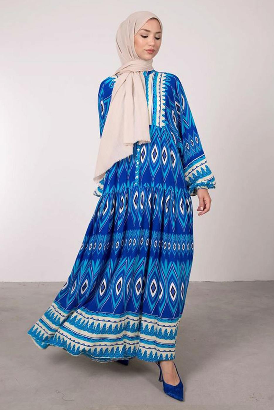 Tesettür giyim LACİVERT ETNİK DESENLİ BALON KOL ELBİSE T 2605-1