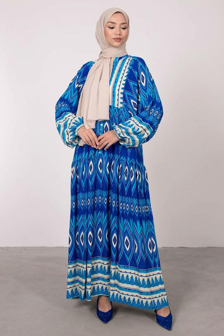 Tesettür giyim LACİVERT ETNİK DESENLİ BALON KOL ELBİSE T 2605-1