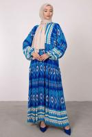 Tesettür giyim LACİVERT ETNİK DESENLİ BALON KOL ELBİSE T 2605-1