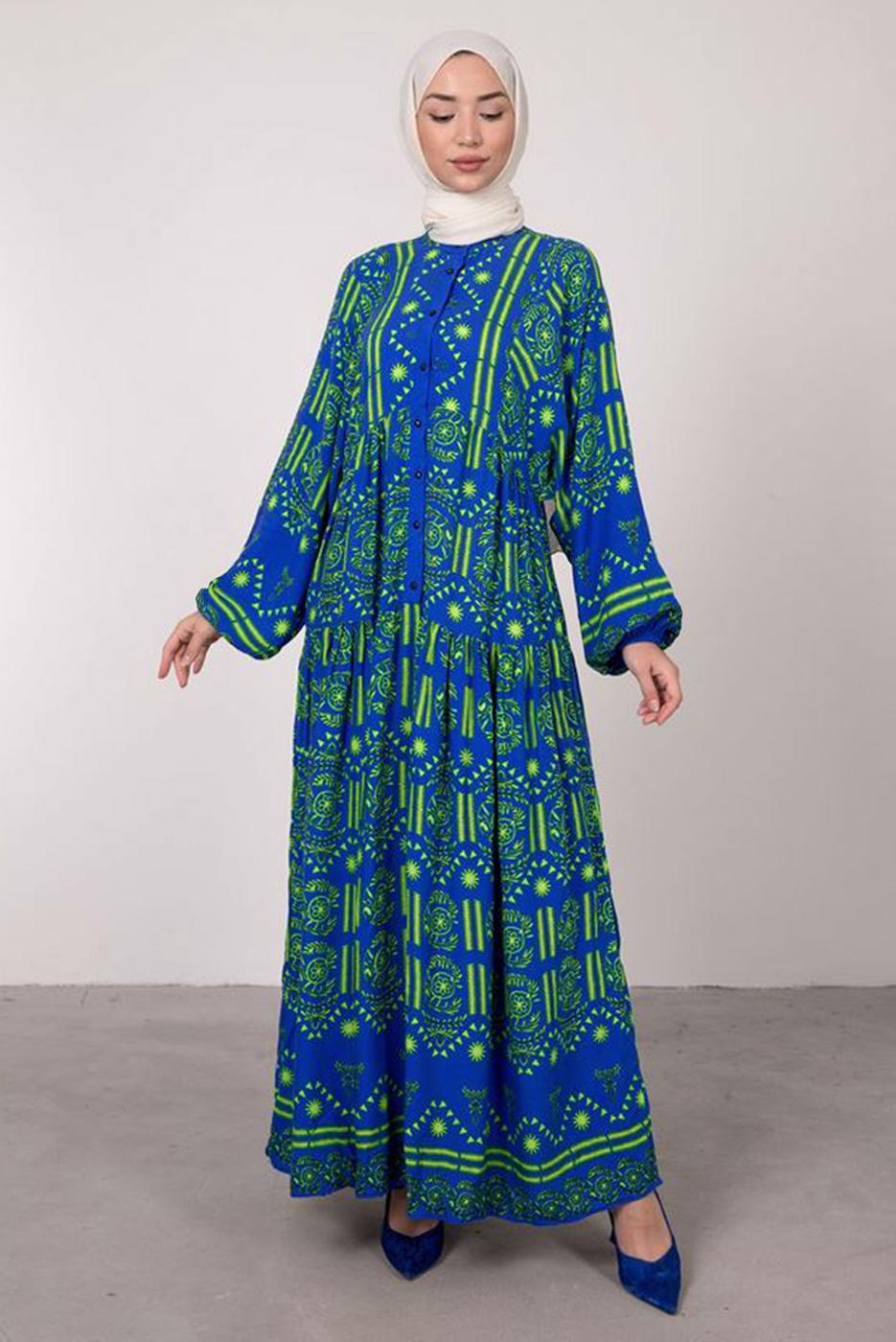 Tesettür giyim LACİVERT DESENLİ BALON KOL ELBİSE T 2605