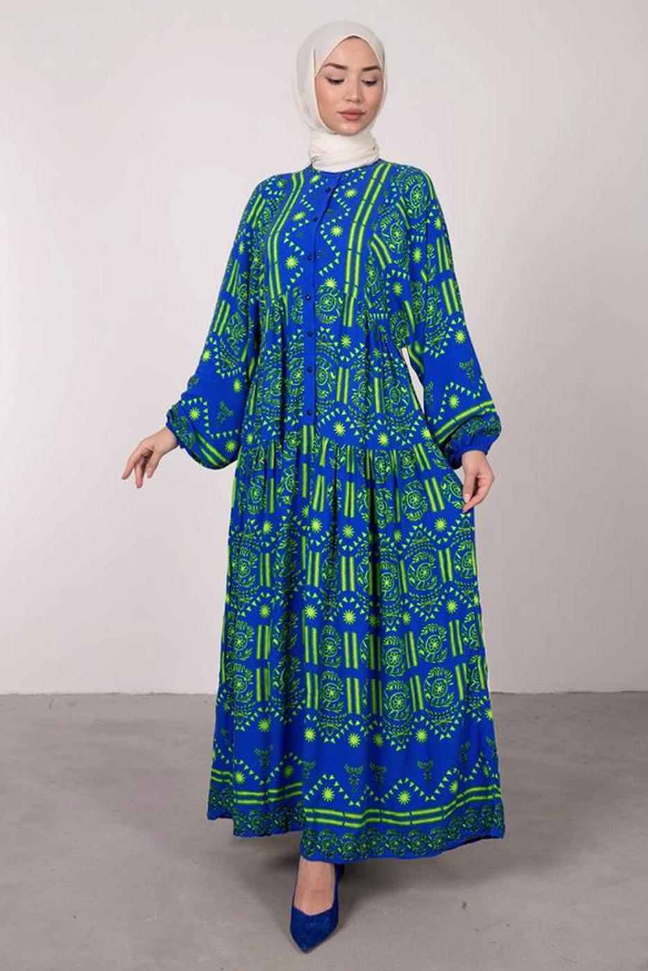 Tesettür giyim LACİVERT DESENLİ BALON KOL ELBİSE T 2605