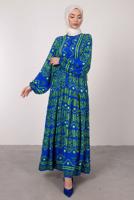 Tesettür giyim LACİVERT DESENLİ BALON KOL ELBİSE T 2605