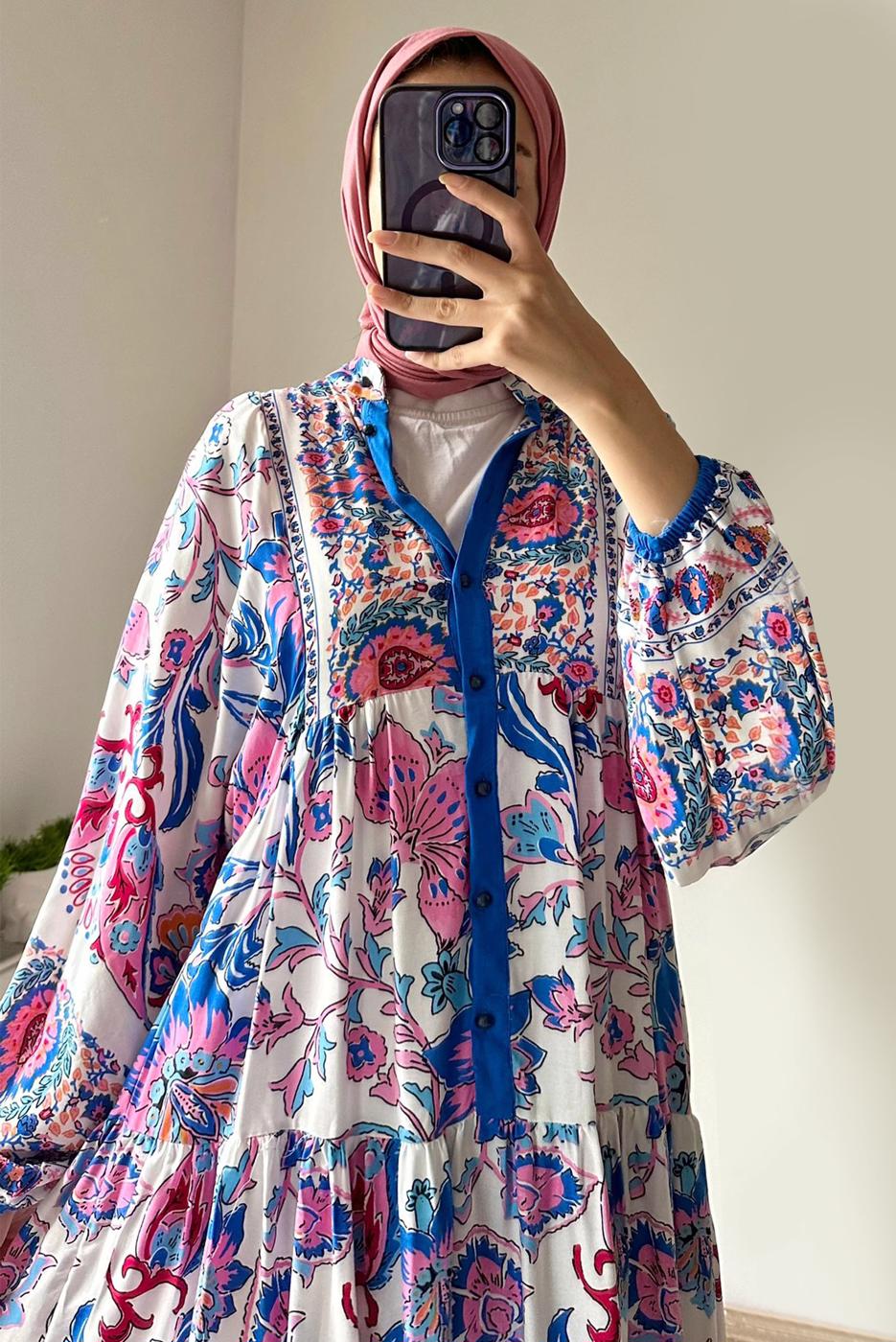 Tesettür giyim MAVİ DÜĞMELİ ETNİK DESENLİ ELBİSE T 2605-2