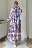 Tesettür giyim MAVİ DÜĞMELİ ETNİK DESENLİ ELBİSE T 2605-2