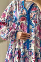 Tesettür giyim MAVİ DÜĞMELİ ETNİK DESENLİ ELBİSE T 2605-2