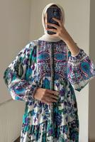 Tesettür giyim MOR DÜĞMELİ ETNİK DESENLİ ELBİSE T 2605-2