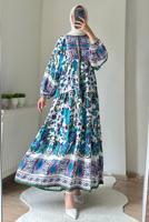 Tesettür giyim MOR DÜĞMELİ ETNİK DESENLİ ELBİSE T 2605-2