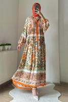 Tesettür giyim TURUNCU DÜĞMELİ ETNİK DESENLİ ELBİSE T 2605-2