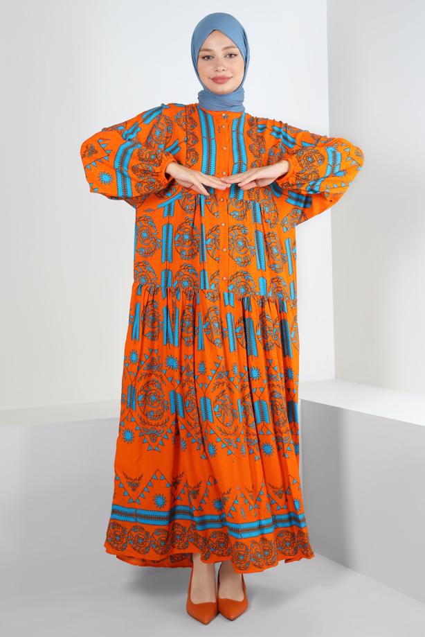Tesettür giyim  DESENLİ BALON KOL ELBİSE T 2605 - TRENDTESETTÜR