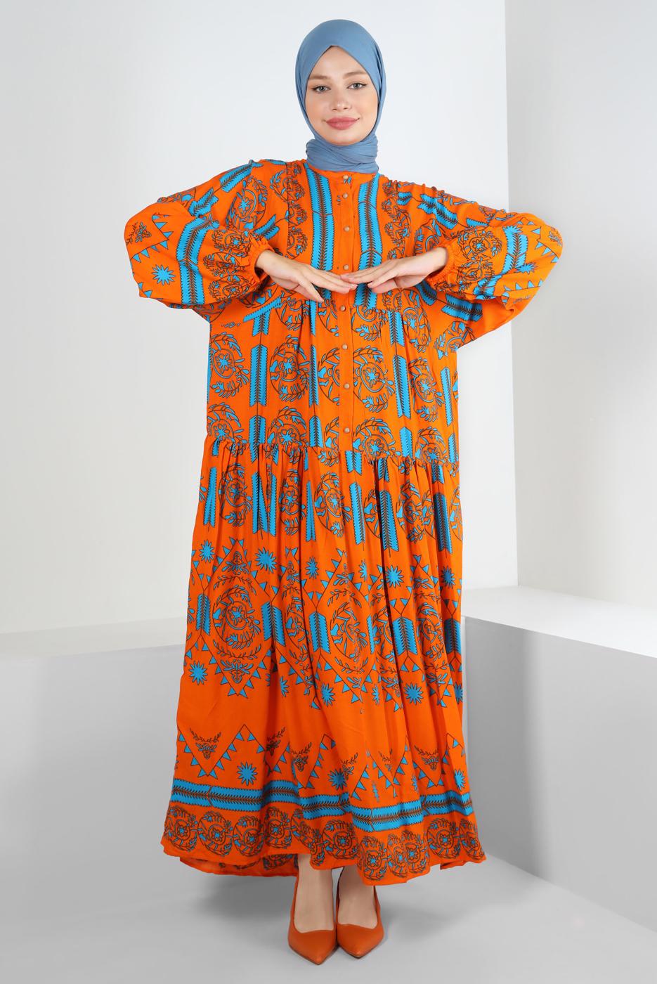 Tesettür giyim TURUNCU DESENLİ BALON KOL ELBİSE T 2605