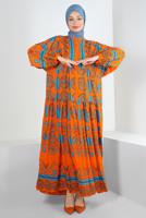 Tesettür giyim TURUNCU DESENLİ BALON KOL ELBİSE T 2605