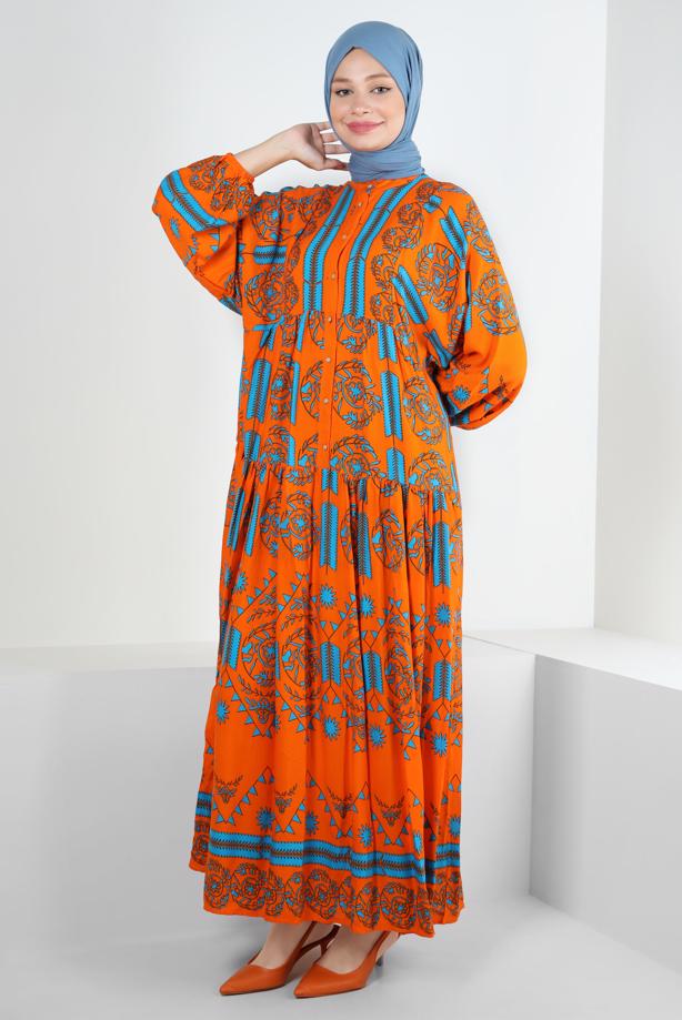 Tesettür giyim  DESENLİ BALON KOL ELBİSE T 2605 - TRENDTESETTÜR