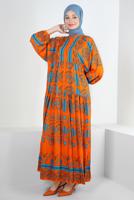 Tesettür giyim TURUNCU DESENLİ BALON KOL ELBİSE T 2605