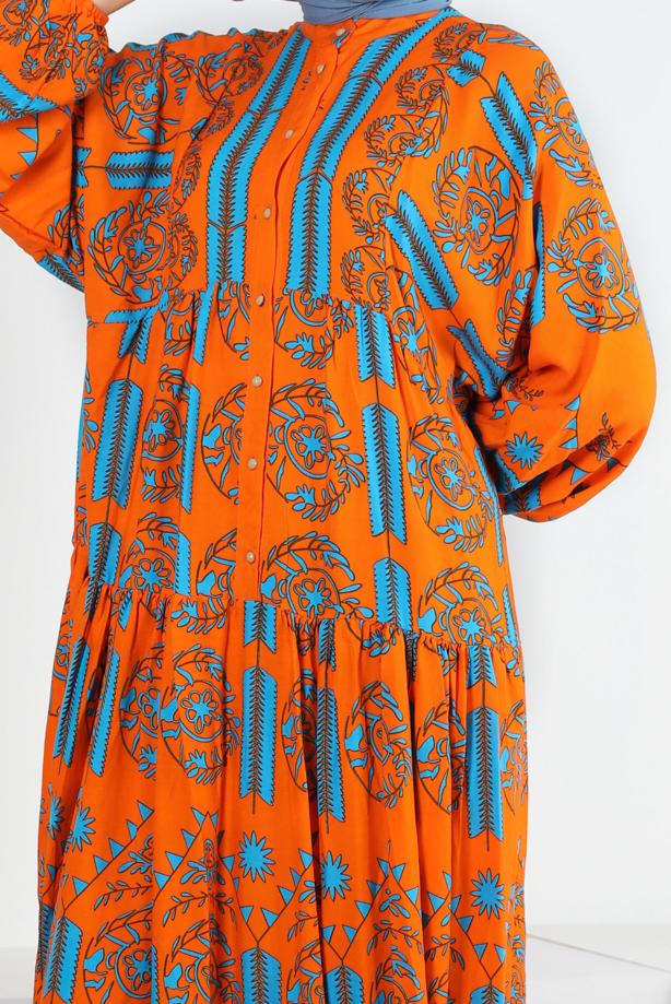 Tesettür giyim  DESENLİ BALON KOL ELBİSE T 2605 - TRENDTESETTÜR