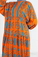 Tesettür giyim TURUNCU DESENLİ BALON KOL ELBİSE T 2605