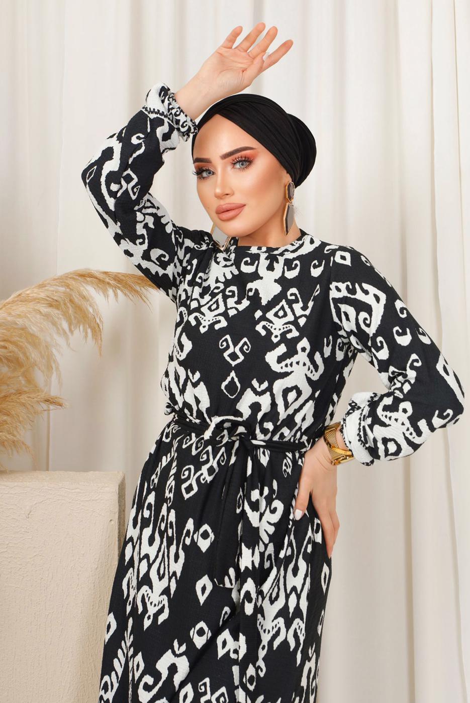 Tesettür giyim SİYAH ETNİK DESENLİ KUŞAKLI ELBİSE T 2803