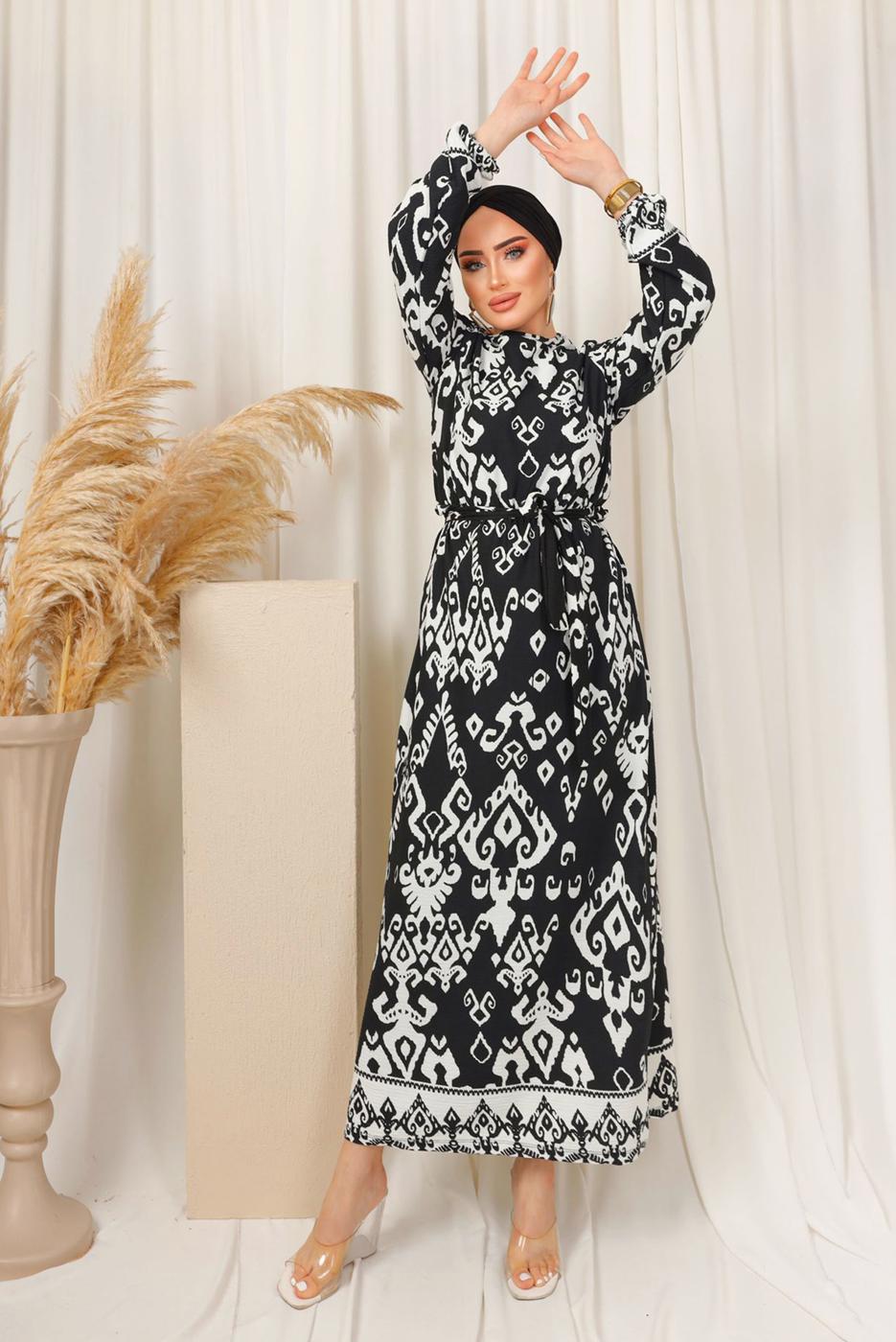 Tesettür giyim SİYAH ETNİK DESENLİ KUŞAKLI ELBİSE T 2803