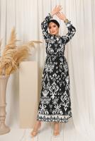 Tesettür giyim SİYAH ETNİK DESENLİ KUŞAKLI ELBİSE T 2803