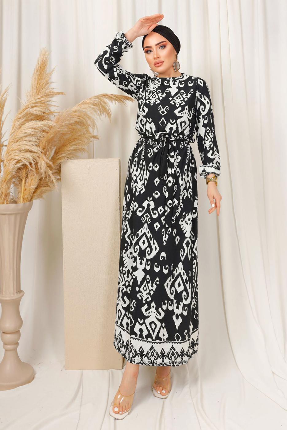 Tesettür giyim SİYAH ETNİK DESENLİ KUŞAKLI ELBİSE T 2803