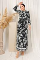 Tesettür giyim SİYAH ETNİK DESENLİ KUŞAKLI ELBİSE T 2803