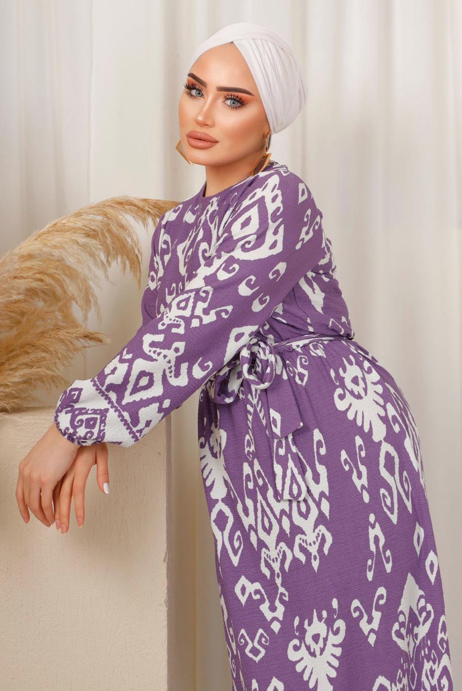 Tesettür giyim MOR ETNİK DESENLİ KUŞAKLI ELBİSE T 2803