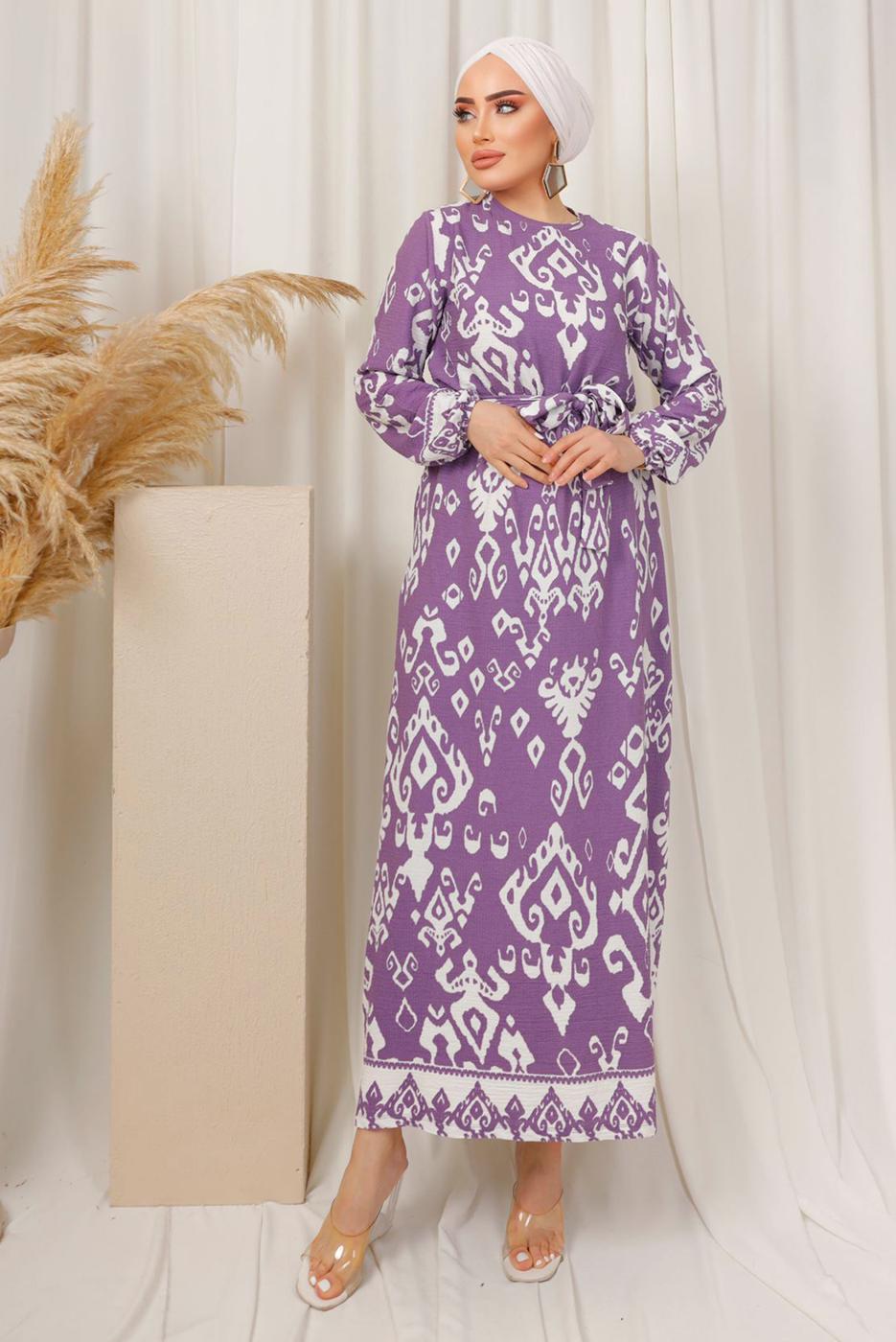 Tesettür giyim MOR ETNİK DESENLİ KUŞAKLI ELBİSE T 2803