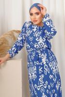 Tesettür giyim LACİVERT ETNİK DESENLİ KUŞAKLI ELBİSE T 2803