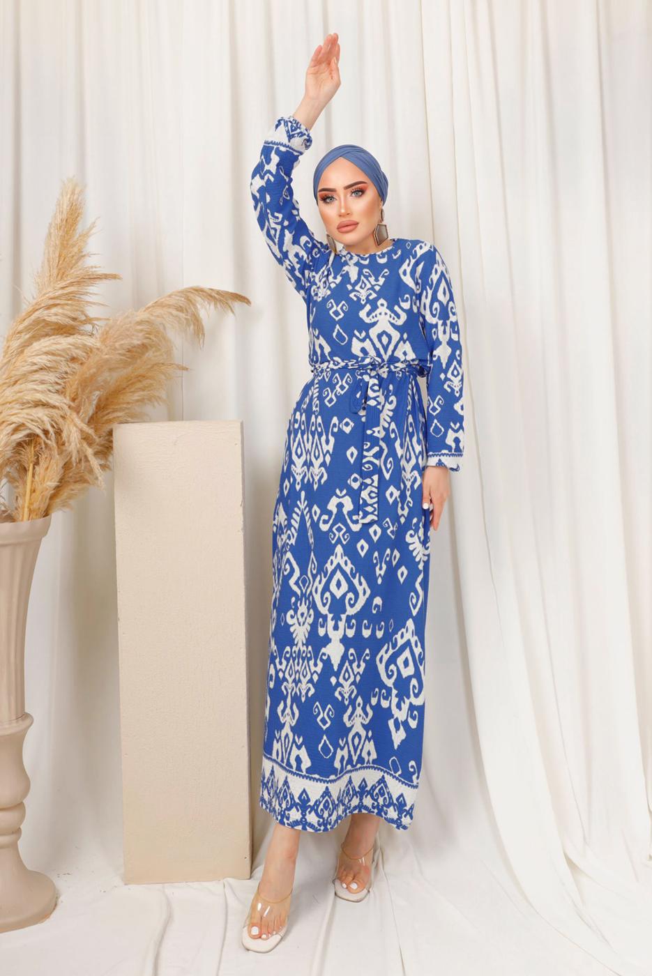Tesettür giyim LACİVERT ETNİK DESENLİ KUŞAKLI ELBİSE T 2803