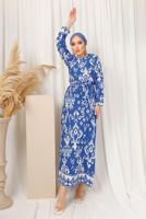 Tesettür giyim LACİVERT ETNİK DESENLİ KUŞAKLI ELBİSE T 2803