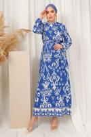 Tesettür giyim LACİVERT ETNİK DESENLİ KUŞAKLI ELBİSE T 2803