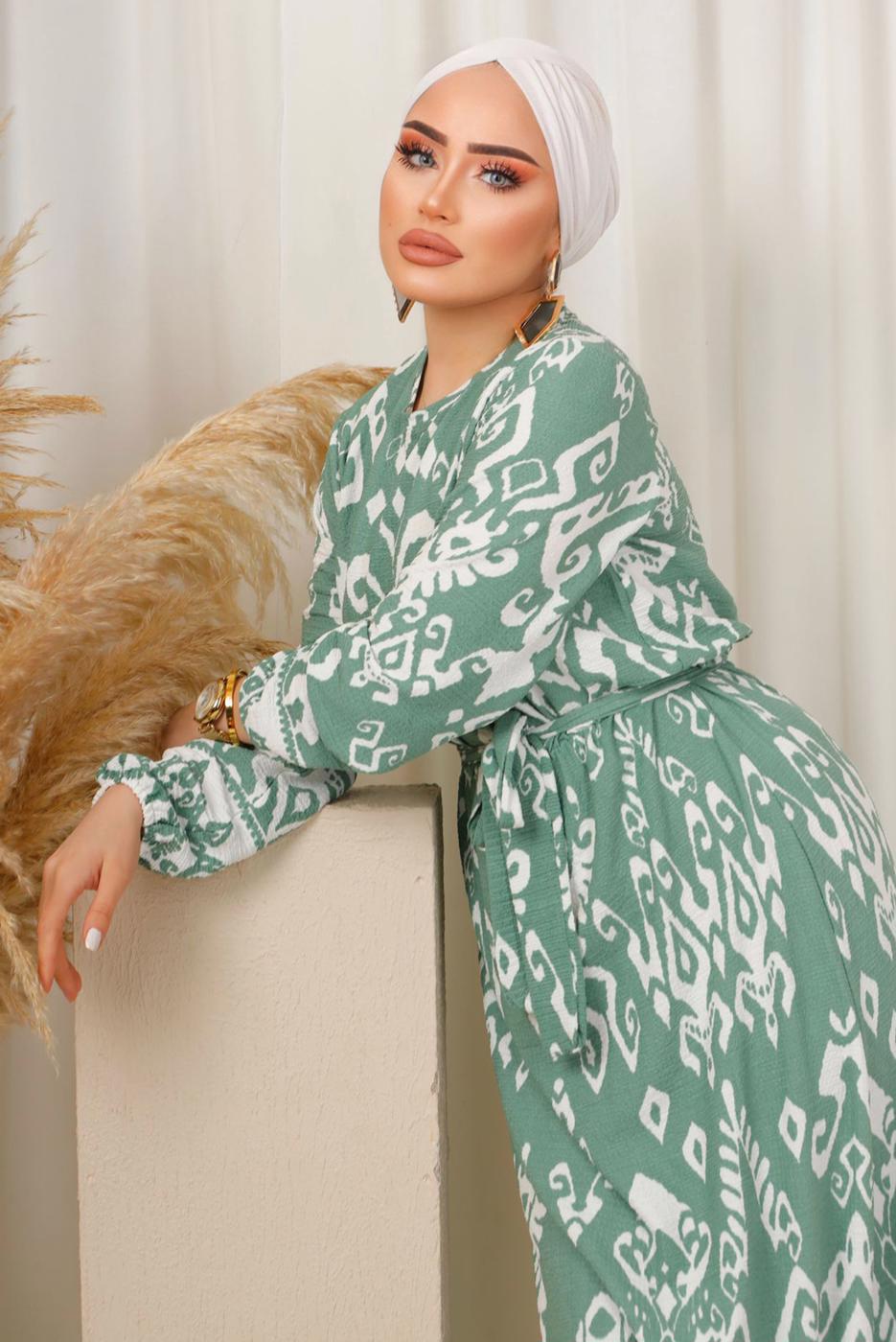 Tesettür giyim YEŞİL ETNİK DESENLİ KUŞAKLI ELBİSE T 2803