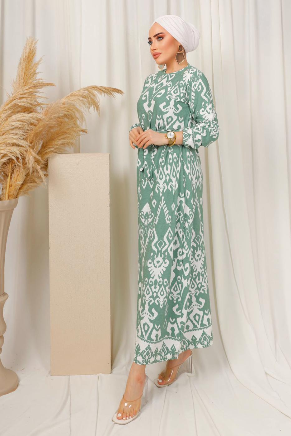 Tesettür giyim YEŞİL ETNİK DESENLİ KUŞAKLI ELBİSE T 2803